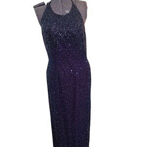 Vintage 1980's-90's Cache Beaded Formal Dress with Tie Halter Neck Purple-Blue